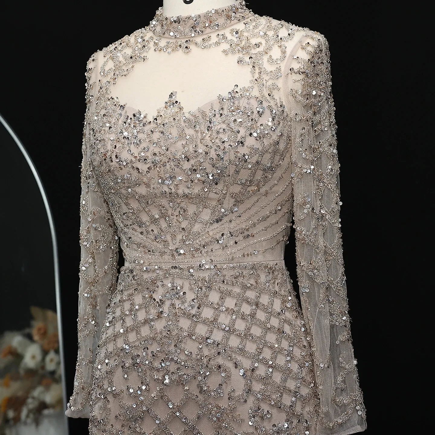 HELEN Luxury Heavy Beaded Champagne Evening Dress
