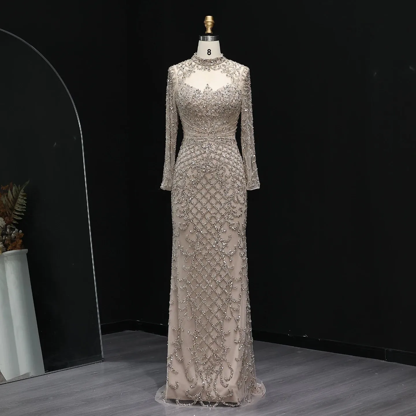 HELEN Luxury Heavy Beaded Champagne Evening Dress