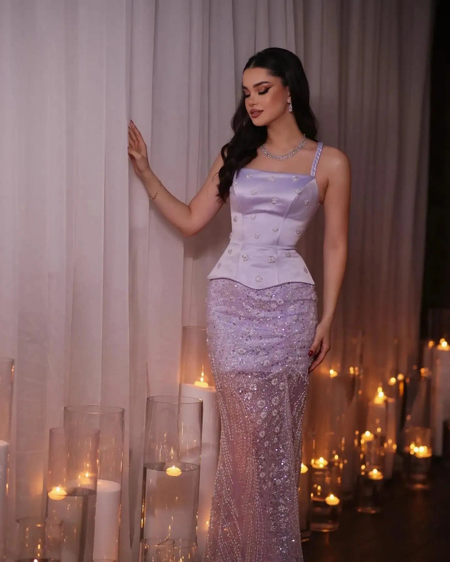 HELEN Luxury Lilac Two Pieces Evening Dress with Spaghetti Straps