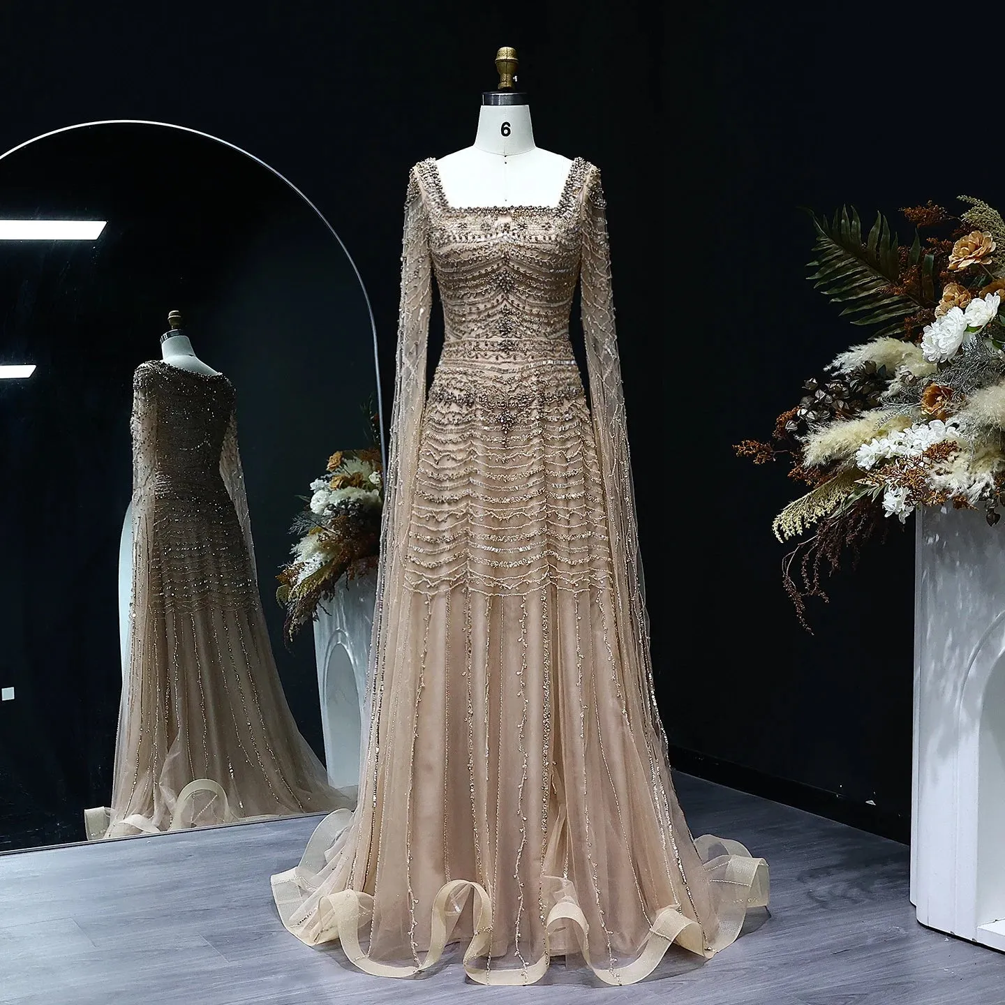 HELEN Luxury Nude Evening Dress with Cape Sleeves