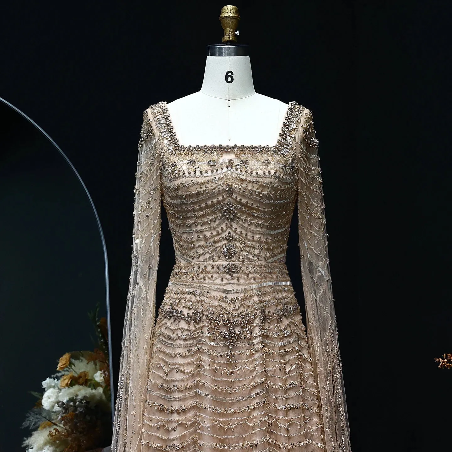 HELEN Luxury Nude Evening Dress with Cape Sleeves