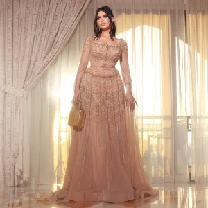 HELEN Luxury Nude Evening Dress with Cape Sleeves