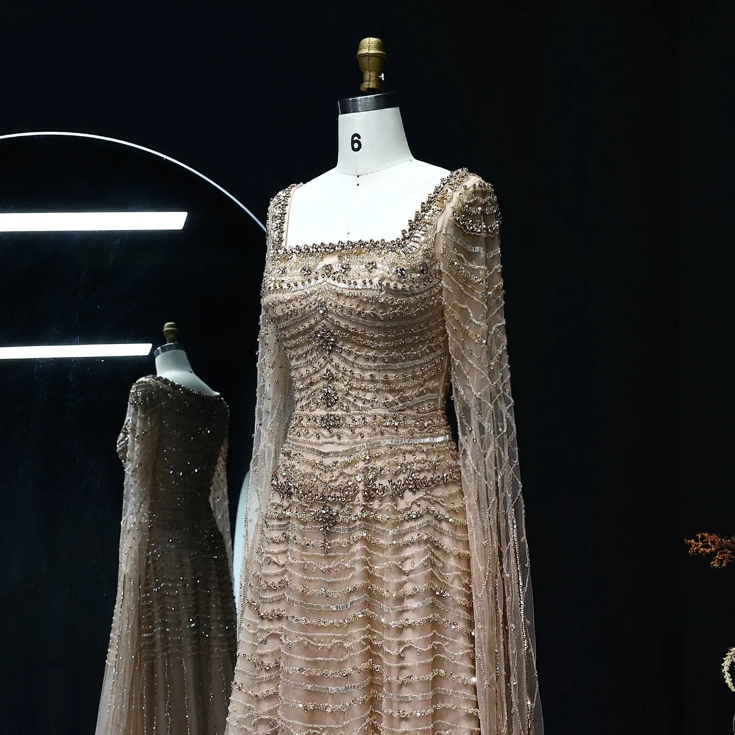 HELEN Luxury Nude Evening Dress with Cape Sleeves