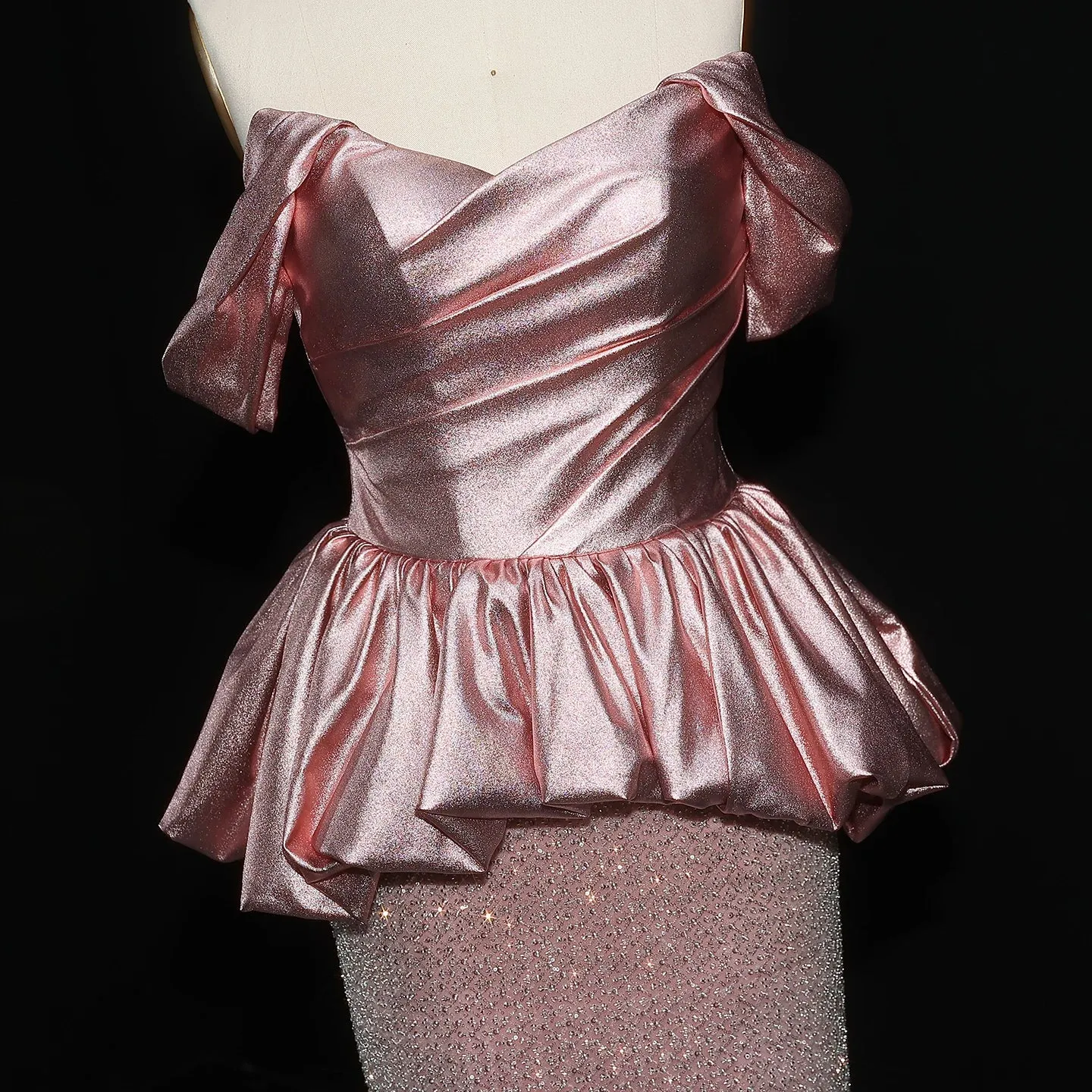 HELEN Luxury Off Shoulder Pink Evening Dress with Peplum Glittering Skirt