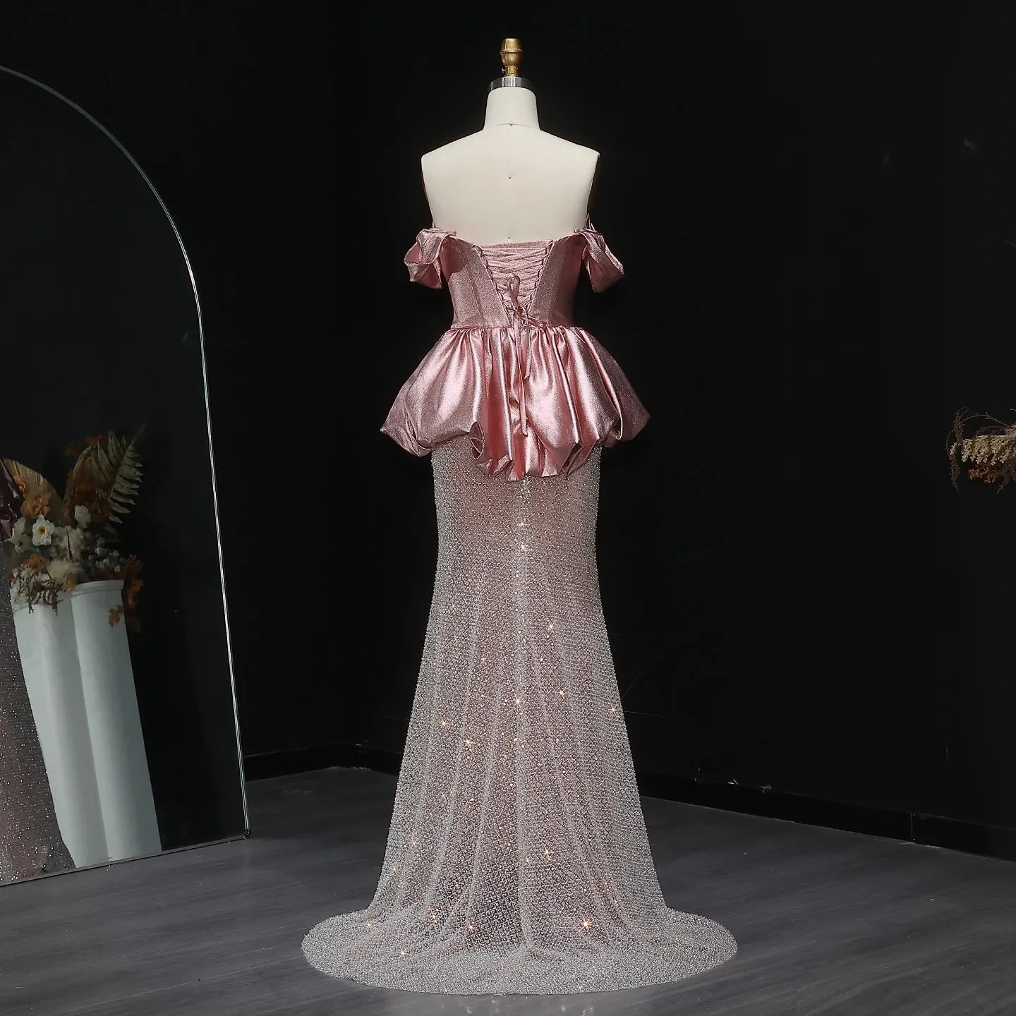 HELEN Luxury Off Shoulder Pink Evening Dress with Peplum Glittering Skirt