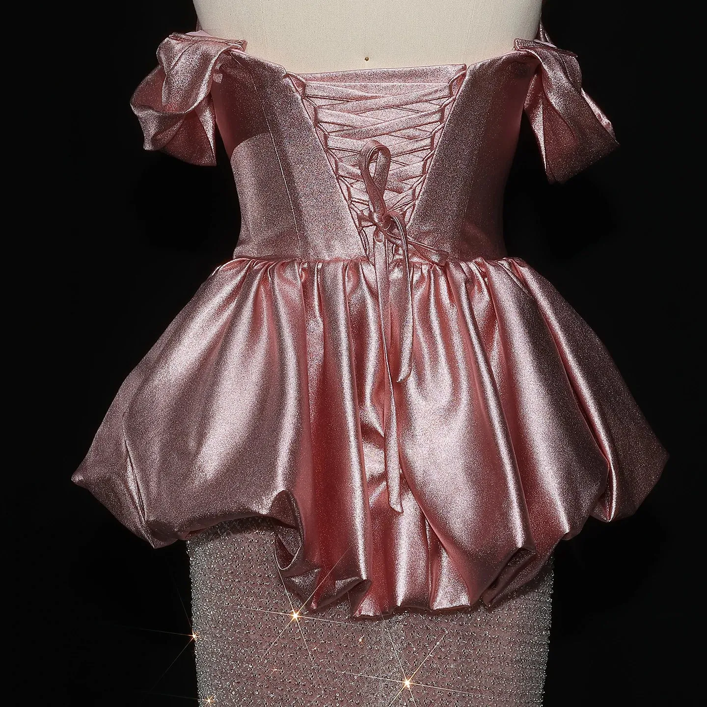 HELEN Luxury Off Shoulder Pink Evening Dress with Peplum Glittering Skirt