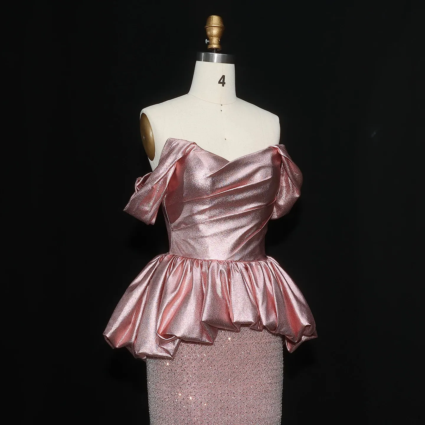 HELEN Luxury Off Shoulder Pink Evening Dress with Peplum Glittering Skirt