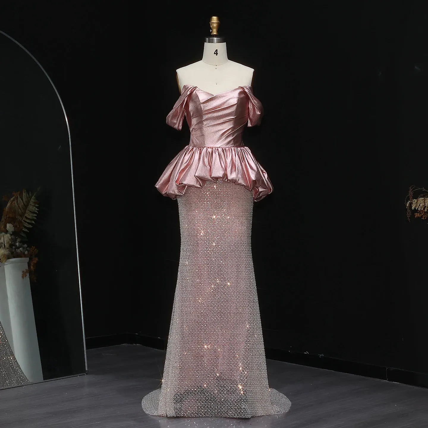 HELEN Luxury Off Shoulder Pink Evening Dress with Peplum Glittering Skirt