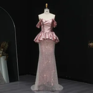 HELEN Luxury Off Shoulder Pink Evening Dress with Peplum Glittering Skirt