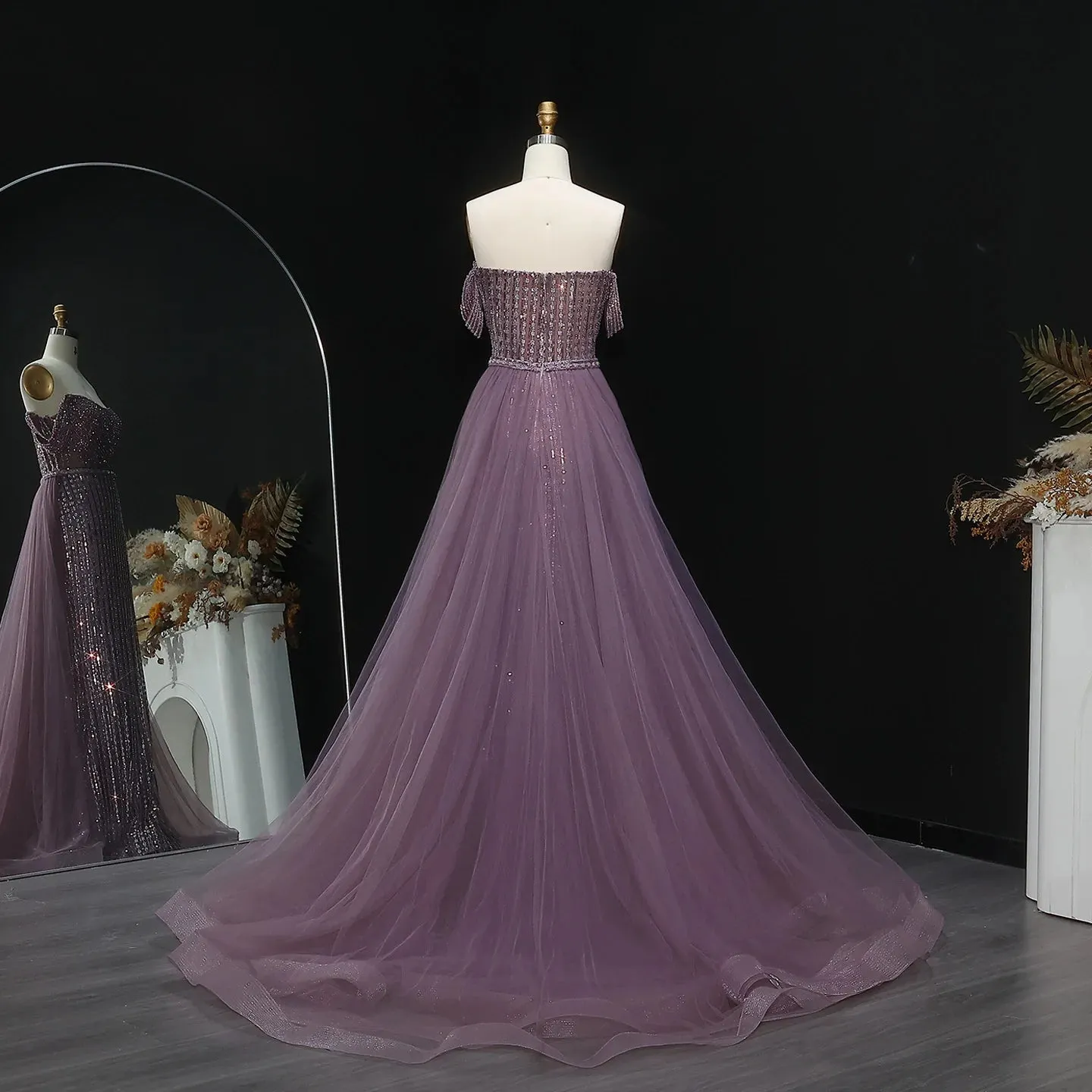 HELEN Luxury Off Shoulder Purple Evening Dress with Overskirt