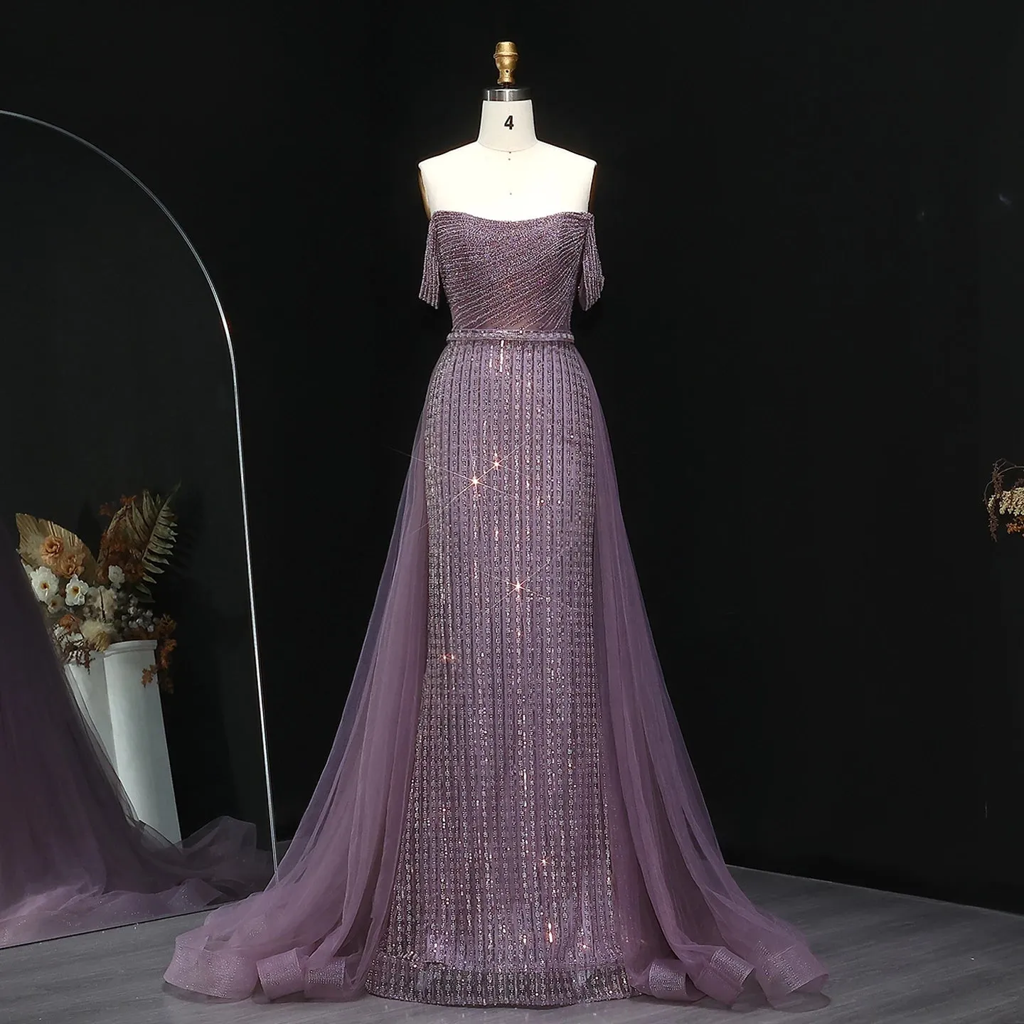 HELEN Luxury Off Shoulder Purple Evening Dress with Overskirt