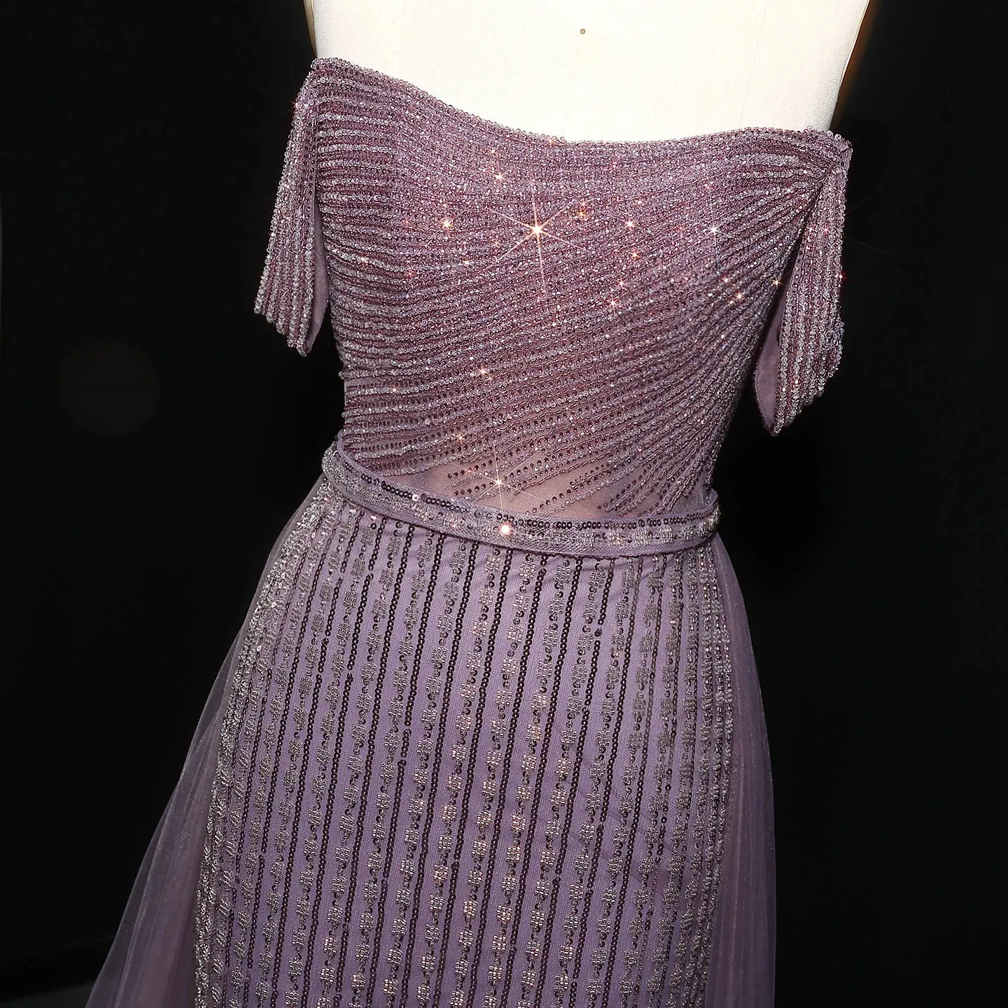 HELEN Luxury Off Shoulder Purple Evening Dress with Overskirt