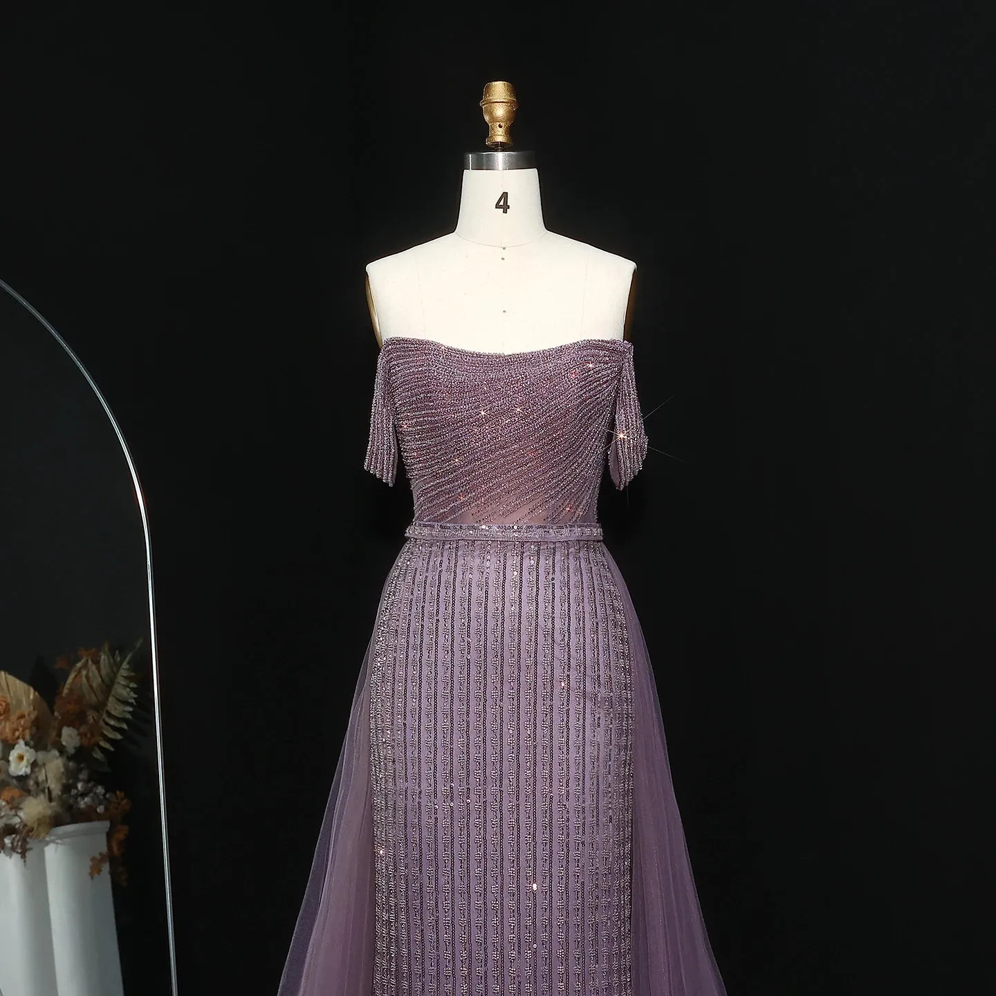 HELEN Luxury Off Shoulder Purple Evening Dress with Overskirt