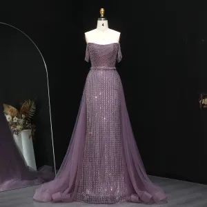 HELEN Luxury Off Shoulder Purple Evening Dress with Overskirt