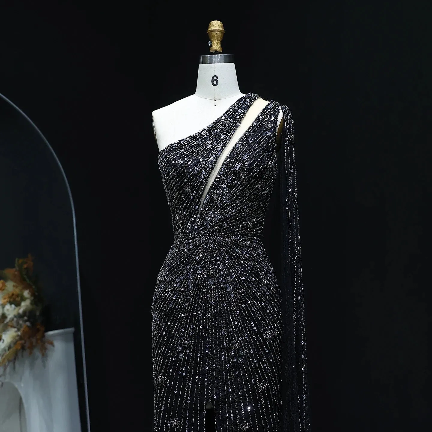 HELEN Luxury One Shoulder Beaded Black Evening Gown