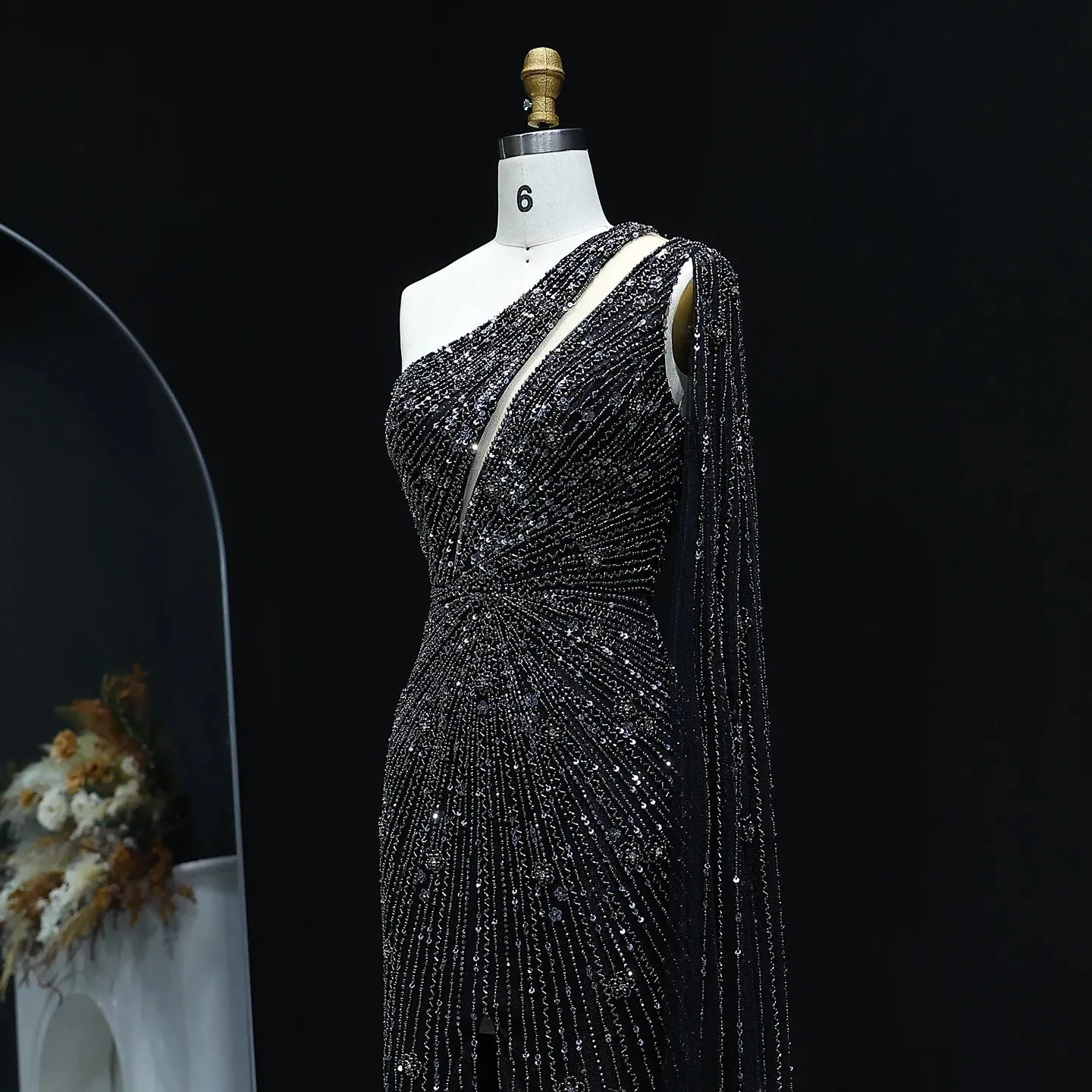 HELEN Luxury One Shoulder Beaded Black Evening Gown