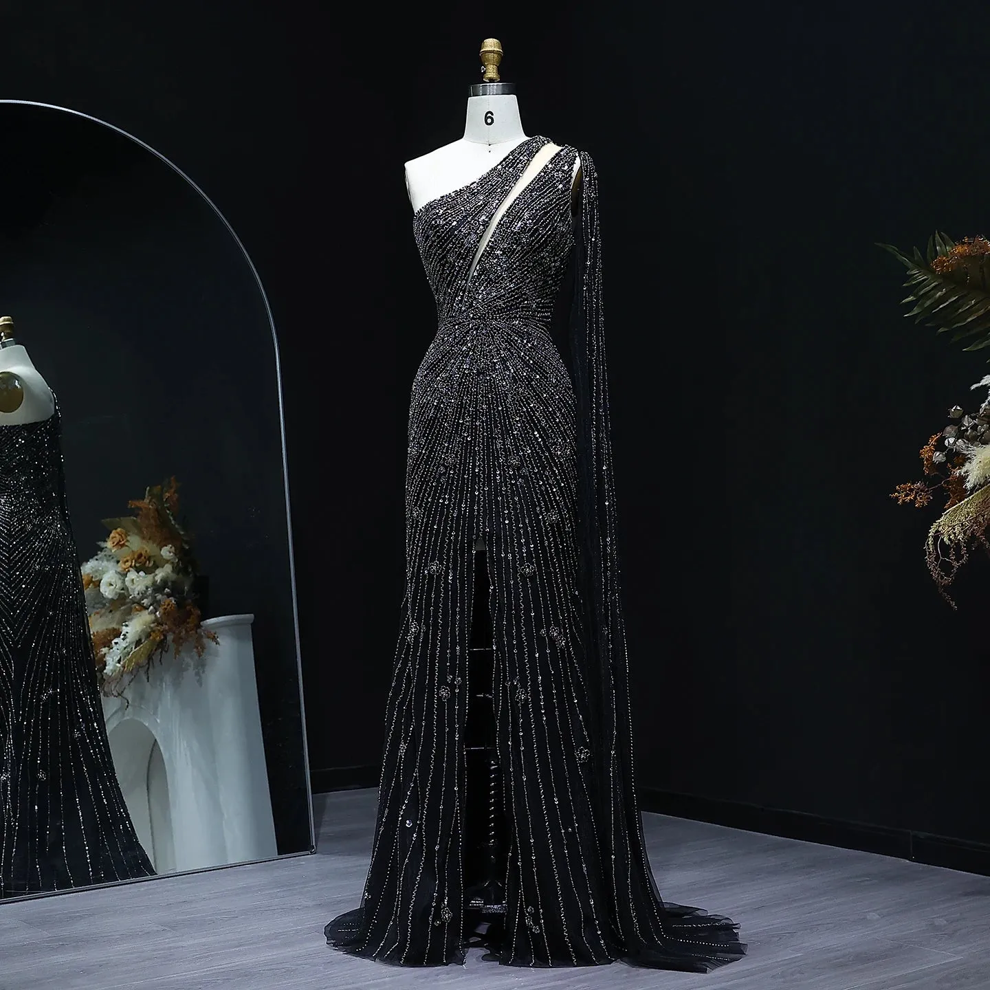 HELEN Luxury One Shoulder Beaded Black Evening Gown