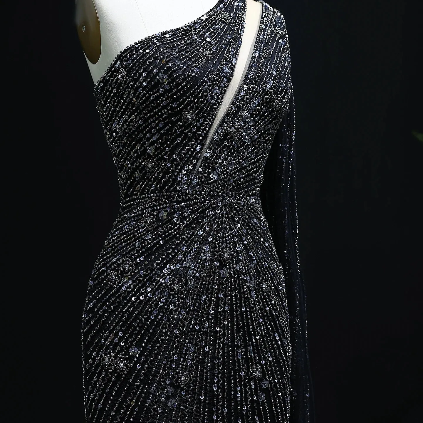 HELEN Luxury One Shoulder Beaded Black Evening Gown