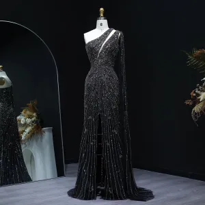 HELEN Luxury One Shoulder Beaded Black Evening Gown