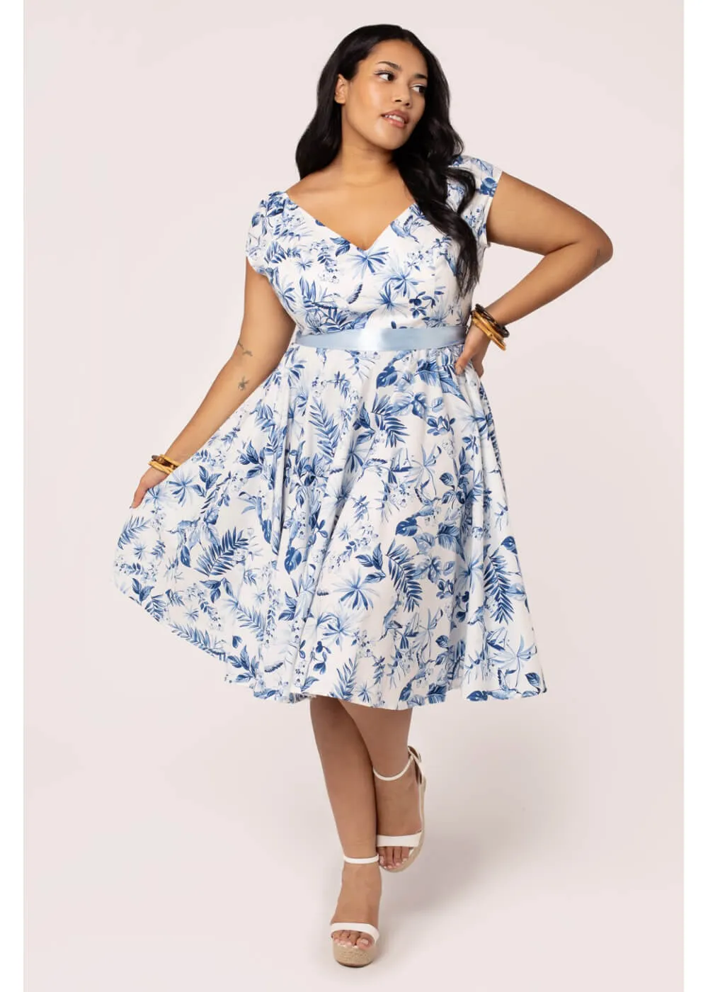 Hell Bunny Amazilia Leaves 50's Swing Dress Blue