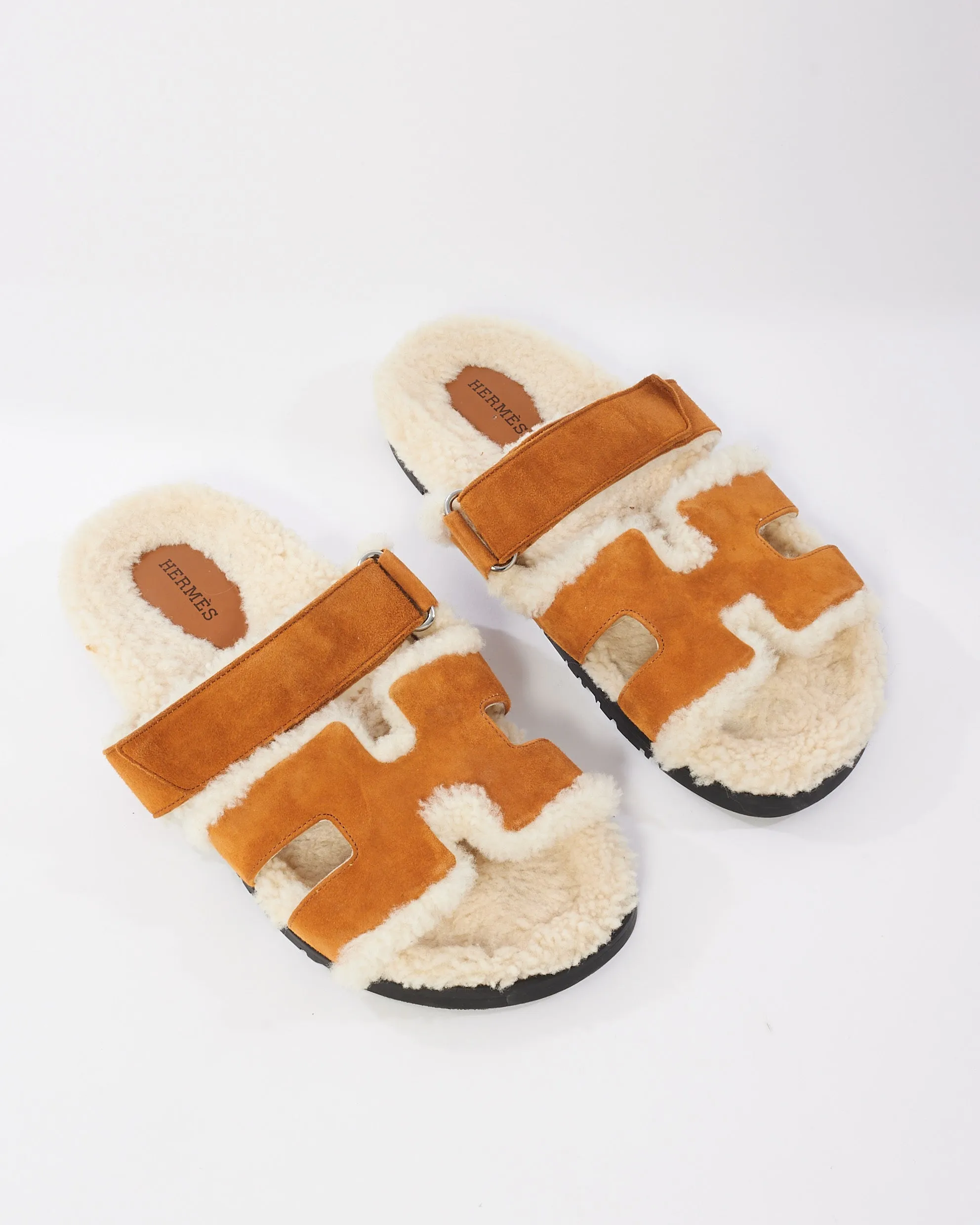 Hermès Tan Suede & Shearling Chypre Sandals - 39