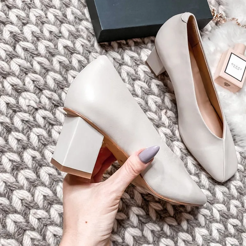 High Heels Women Pumps Natural Genuine Leather Thick High Heel Glove Shoes Real Leather Square Toe Office Lady Shoes 40