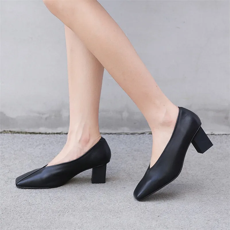 High Heels Women Pumps Natural Genuine Leather Thick High Heel Glove Shoes Real Leather Square Toe Office Lady Shoes 40