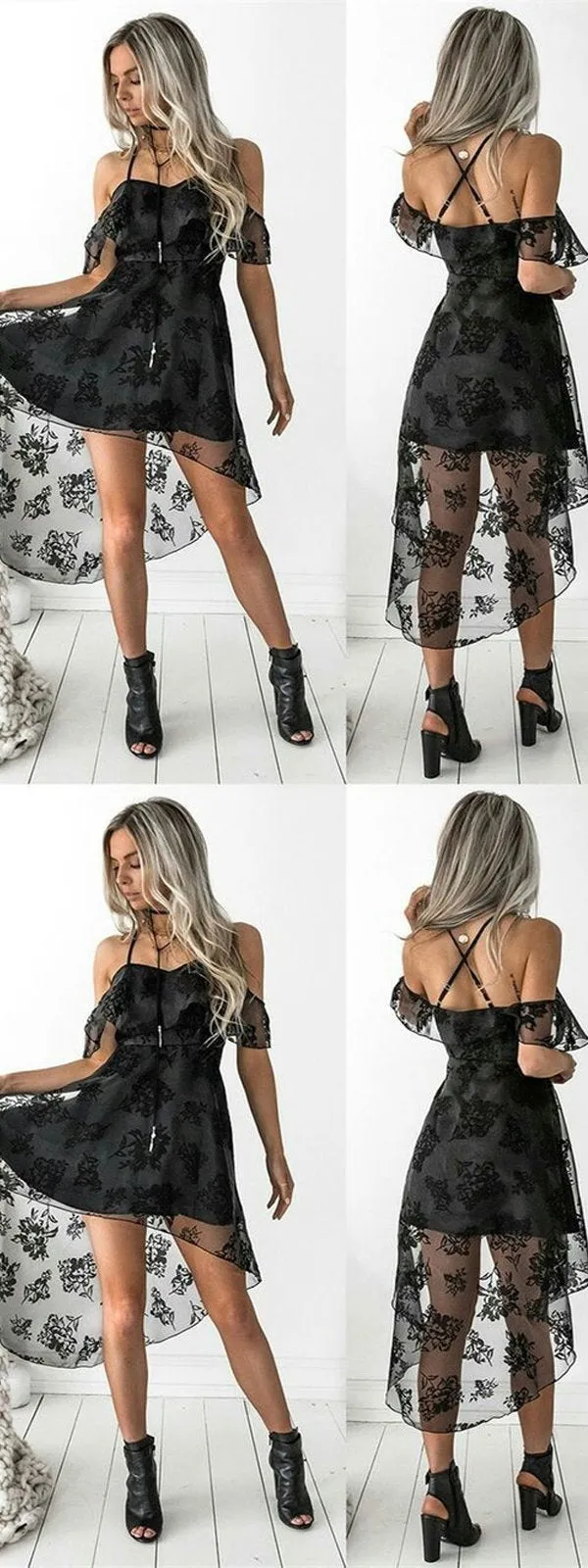 High Low Homecoming Dress with Ruffles, Spaghetti Straps Homecoming Dress, Black Lace Homecoming Dress,BDY0265