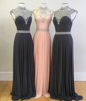 High neck sequin bead chiffon long prom dress, evening dress