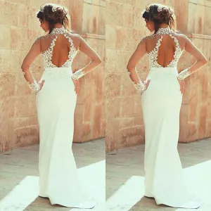 High Neckline Sheath Wedding Dresses With Beaded Lace Appliques, Dresses For Wedding Party ,WDY0162
