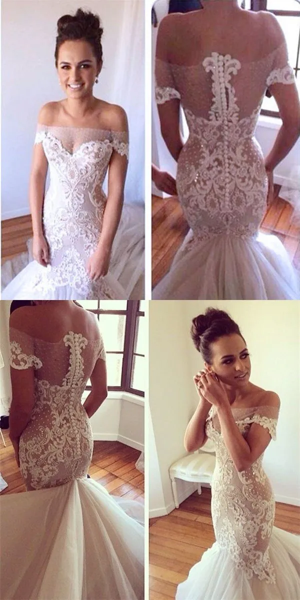 High Quality Off Shoulder Sexy See Through Mermaid Lace Wedding Party Dresses, WD0061