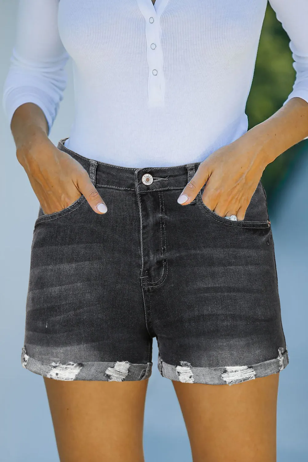 High Rise Cuffed Denim Shorts