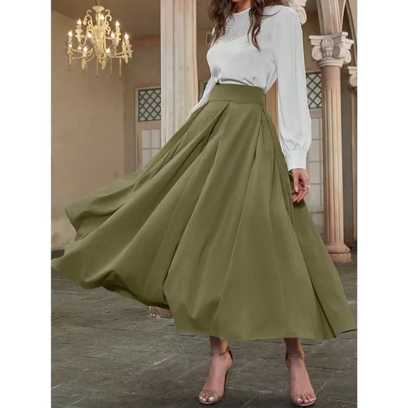 High Waist Pleated Detail Flare midi Skirt business casual black