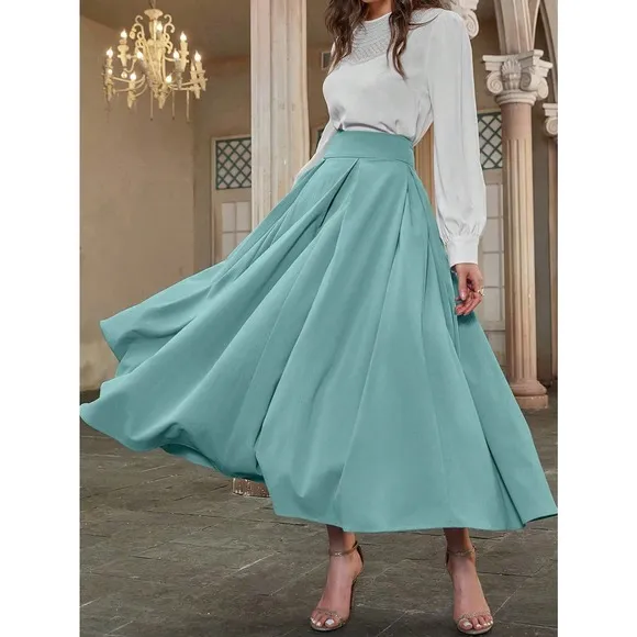 High Waist Pleated Detail Flare midi Skirt business casual black