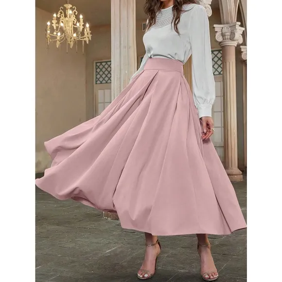 High Waist Pleated Detail Flare midi Skirt business casual black