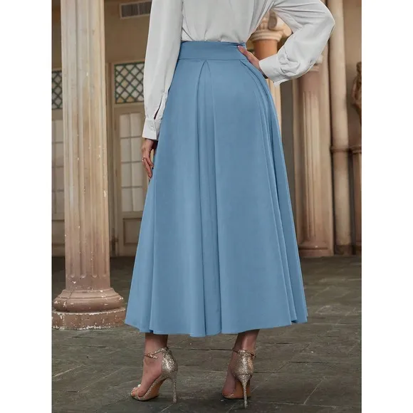 High Waist Pleated Detail Flare midi Skirt business casual black