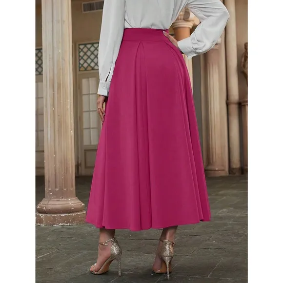 High Waist Pleated Detail Flare midi Skirt business casual black