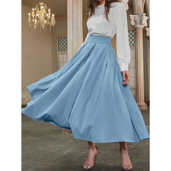 High Waist Pleated Detail Flare midi Skirt business casual black