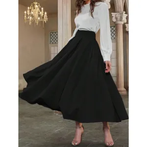 High Waist Pleated Detail Flare midi Skirt business casual black