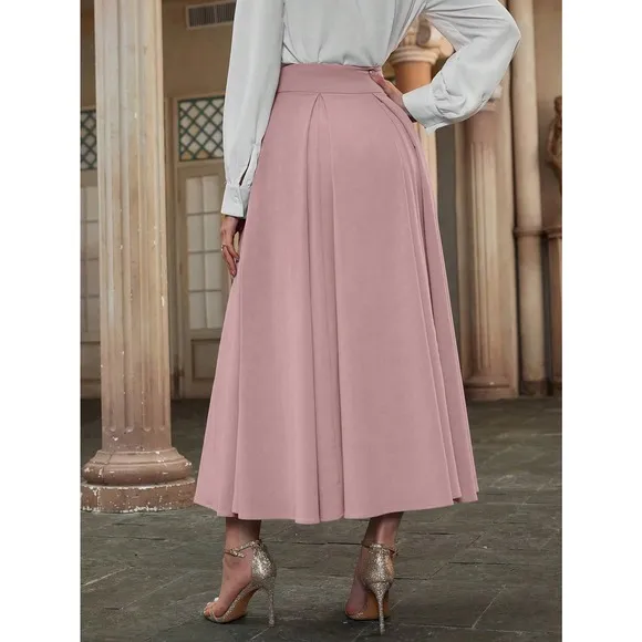 High Waist Pleated Detail Flare midi Skirt business casual black