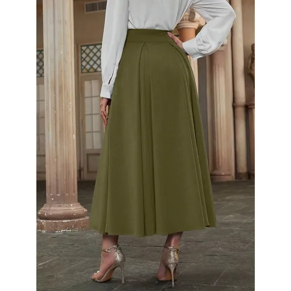High Waist Pleated Detail Flare midi Skirt business casual black