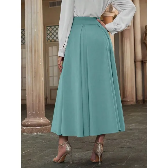 High Waist Pleated Detail Flare midi Skirt business casual black