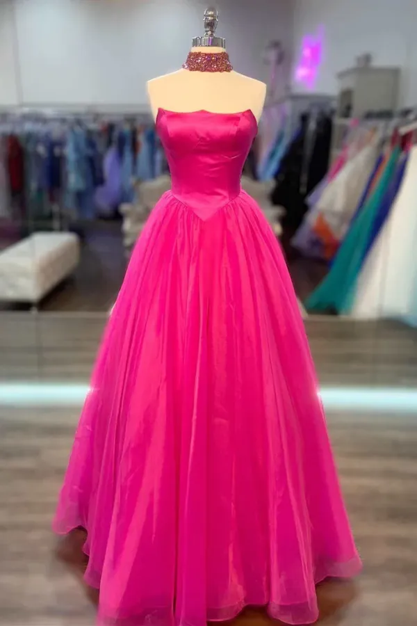Hot Pink Strapless A Line Round Neck Tulle Prom Dress Formal Dress APP0712