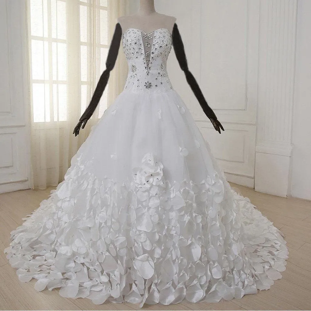 Hot Sale Luxury Soft Tulle Hand Made Sweetheart Sequin Rhinestone backless Wedding Dresses with Long Train,220058
