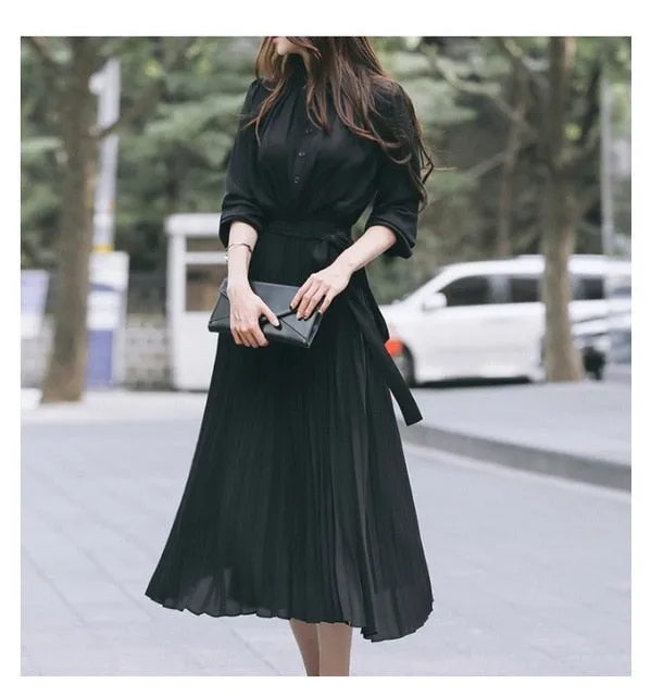 HziriP 2020 New Autumn Dress Women OL Elegant Long Sleeve V-neck Office Lady A-line Work Wear Pleated Dresses Vestidos Plus Size