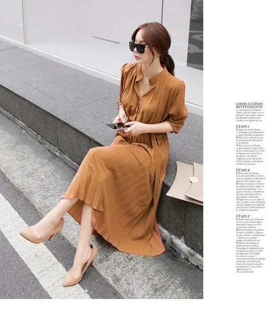 HziriP 2020 New Autumn Dress Women OL Elegant Long Sleeve V-neck Office Lady A-line Work Wear Pleated Dresses Vestidos Plus Size
