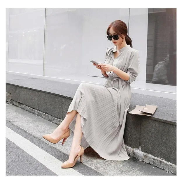 HziriP 2020 New Autumn Dress Women OL Elegant Long Sleeve V-neck Office Lady A-line Work Wear Pleated Dresses Vestidos Plus Size