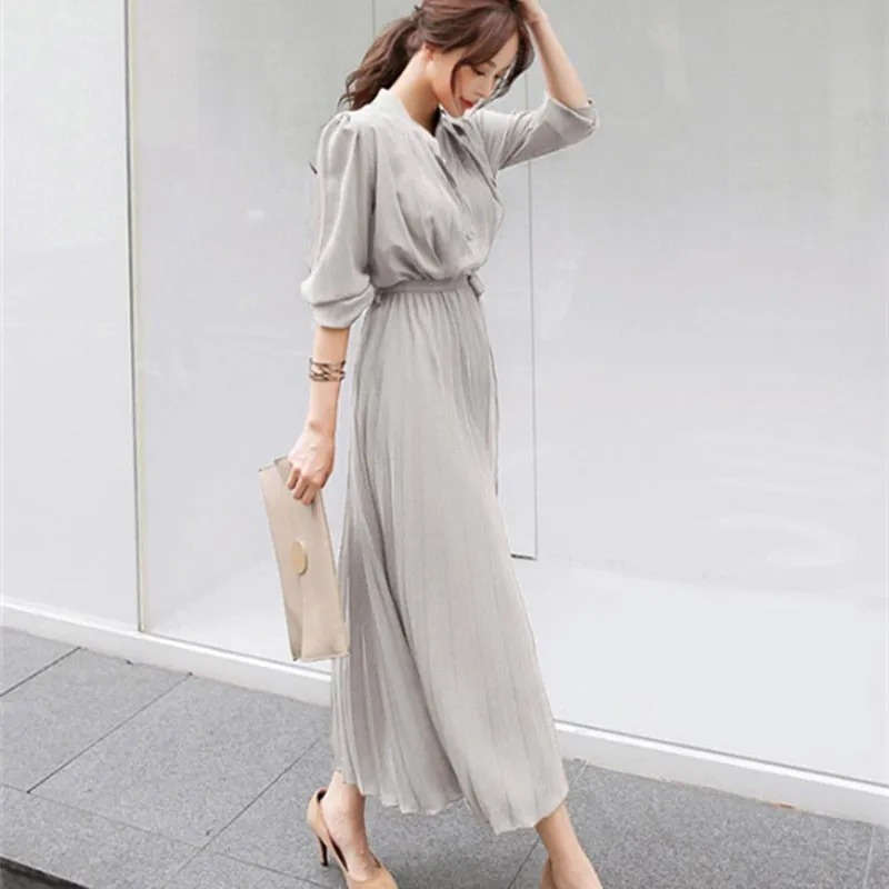 HziriP 2020 New Autumn Dress Women OL Elegant Long Sleeve V-neck Office Lady A-line Work Wear Pleated Dresses Vestidos Plus Size