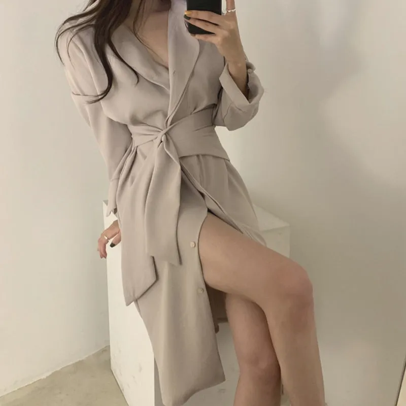 HziriP OL Gentle Minimalist Autumn 2020 Work Wear Lapel Elegant Lace Up Solid Brief Sexy Chic Loose Dresses Female Vestidos