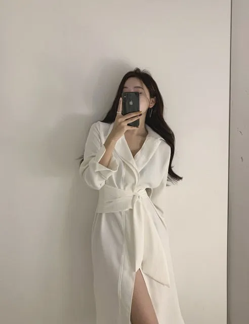 HziriP OL Gentle Minimalist Autumn 2020 Work Wear Lapel Elegant Lace Up Solid Brief Sexy Chic Loose Dresses Female Vestidos